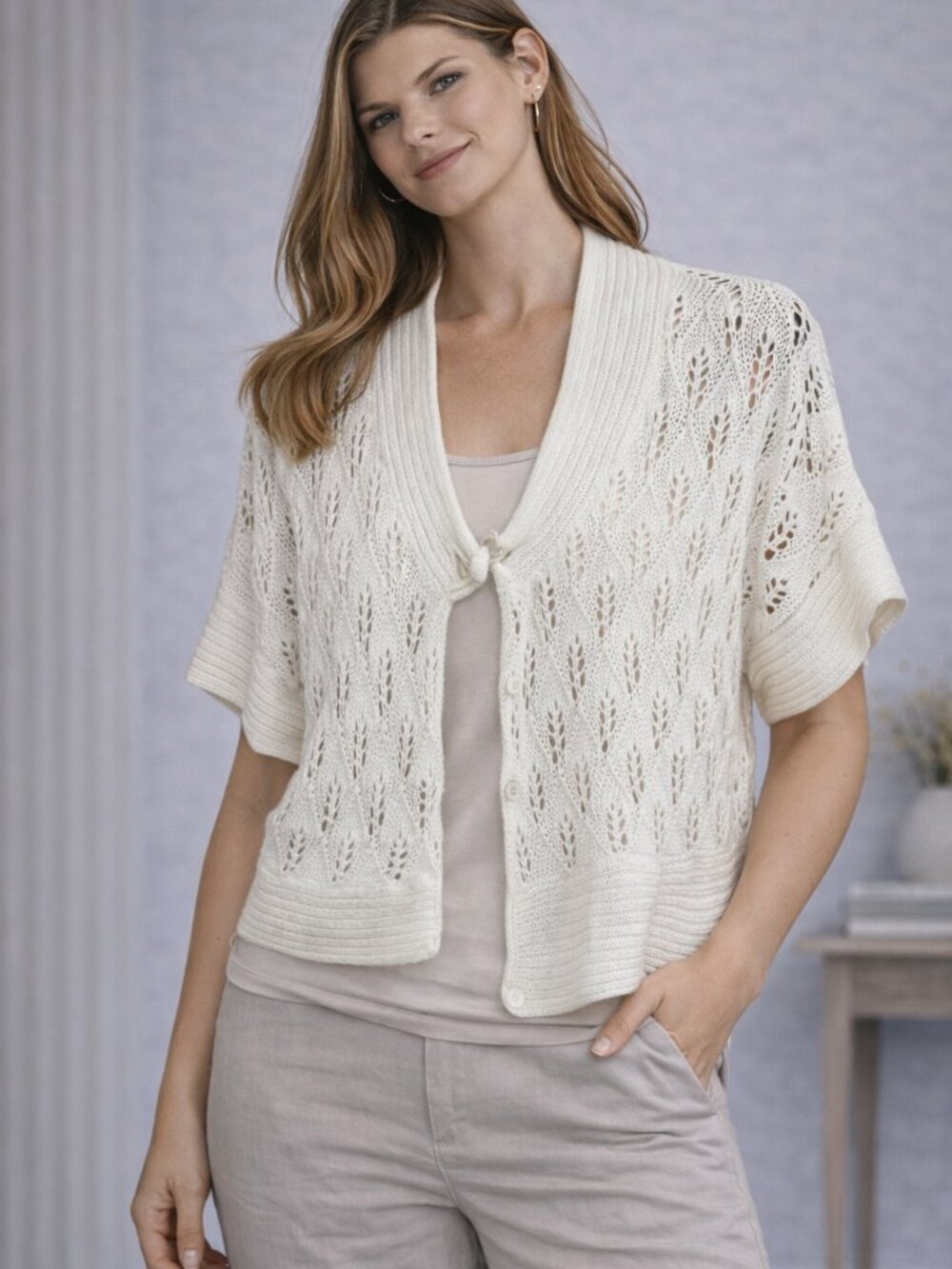 Nine West Open Knit Shrug Cardigan Women's Ivory Pointelle Short Sleeve